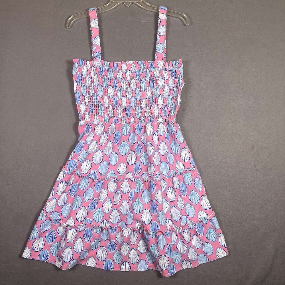 Simply Southern Shell Print Dress Women Medium Pink A-Line Smocked Tiered NWT
